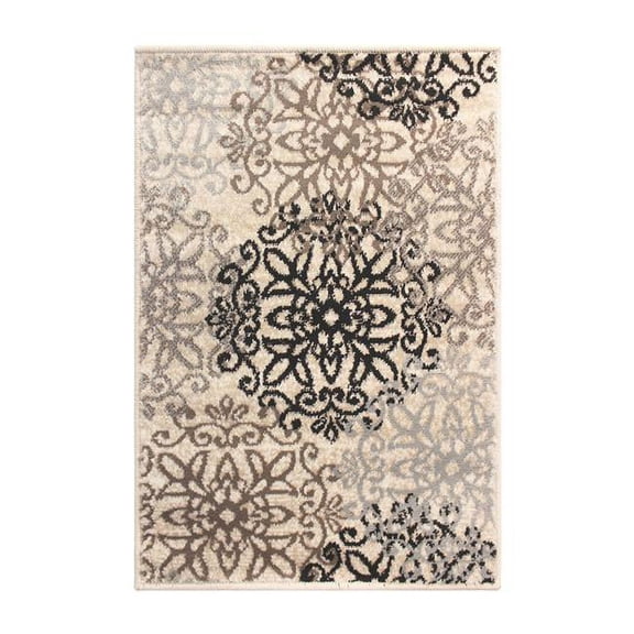 HomeRoots 5' X 8' Tan Gray And Black Floral Medallion Stain Resistant Area Rug