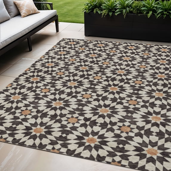 HomeRoots 583775 5 x 8 ft. Floral Medallion Washable Indoor & Outdoor Rectangle Area Rug, Charcoal, Silver & Copper