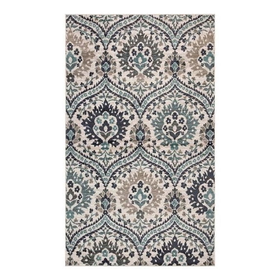 HomeRoots 5 x 8 ft. Floral Stain Resistant Rectangle Area Rug - Ivory - Blue & Gray