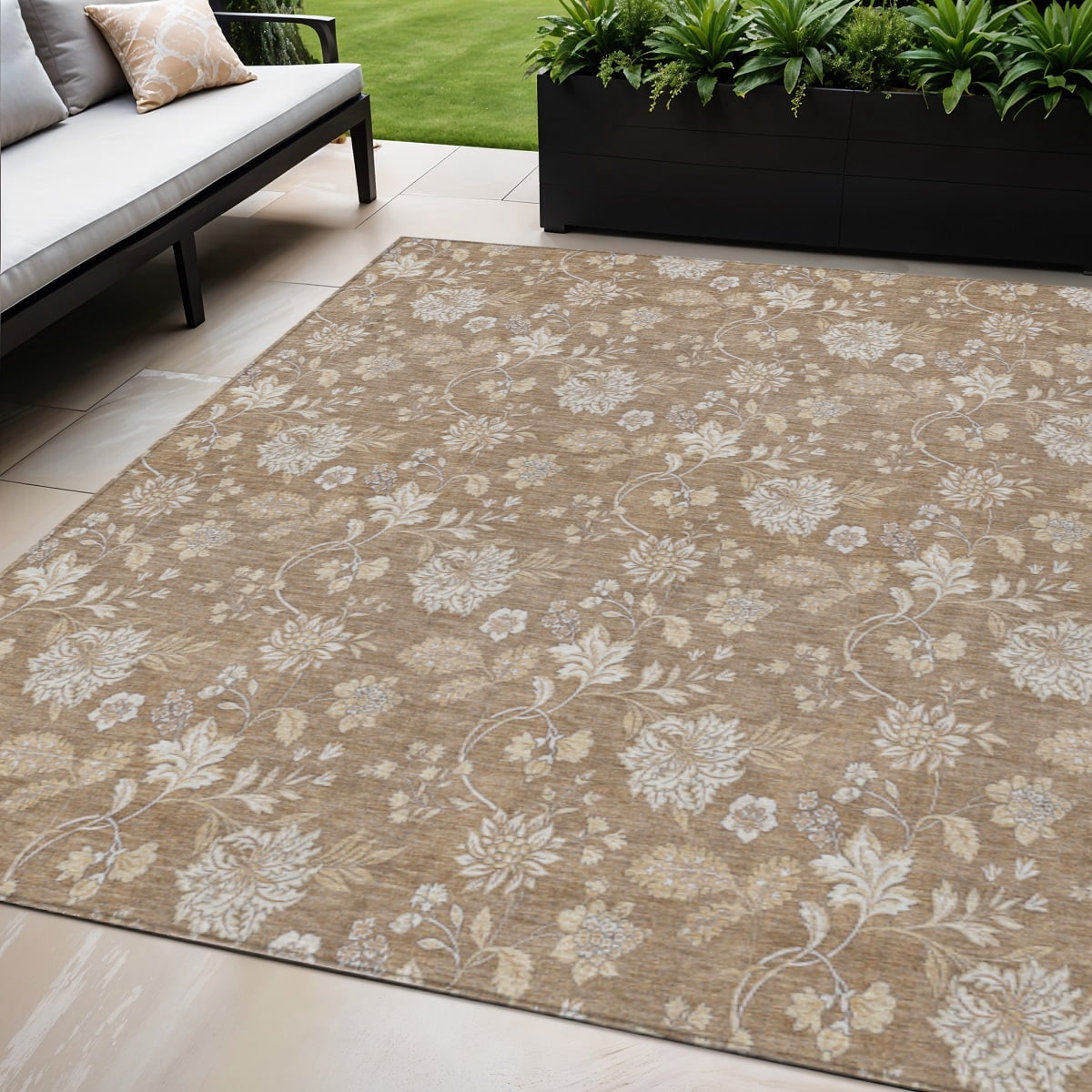 HomeRoots 581420 5 x 8 ft. Floral Washable Indoor & Outdoor Rectangle Area Rug, Copper & Beige