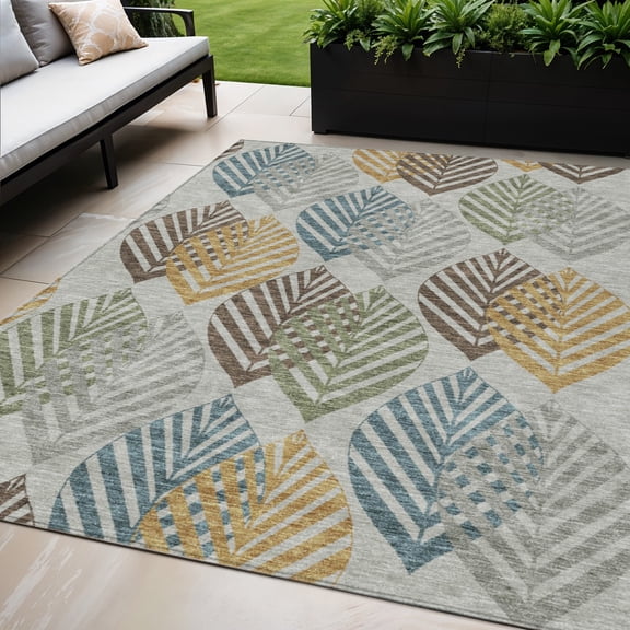 HomeRoots 584417 5 x 8 ft. Floral Washable Indoor & Outdoor Rectangle Area Rug, Gray, Silver & Teal Blue