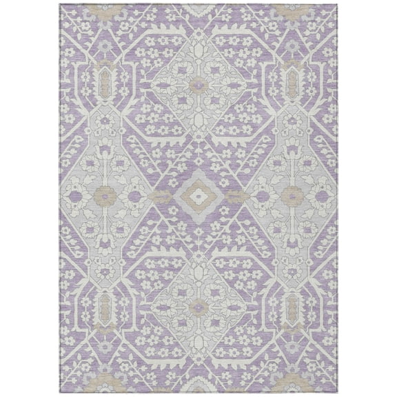 5' X 8' Lavender Gray And Beige Floral Washable Indoor Outdoor Area Rug