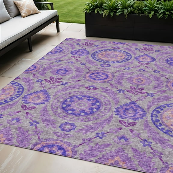 5' X 8' Lavender Lilac And Gray Floral Washable Indoor Outdoor Area Rug