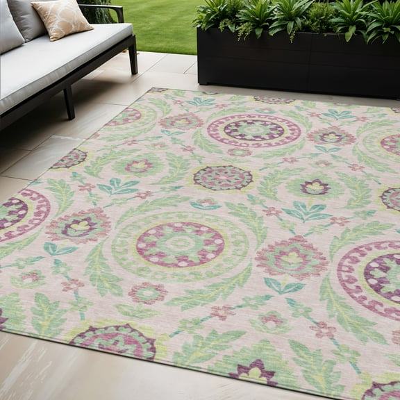 5' X 8' Pink Mauve And Mint Green Floral Washable Indoor Outdoor Area Rug