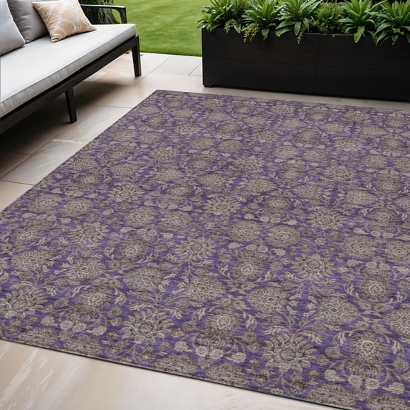 HomeRoots 582303 5 x 8 ft. Floral Washable Indoor & Outdoor Rectangle Area Rug, Purple, Beige & Taupe