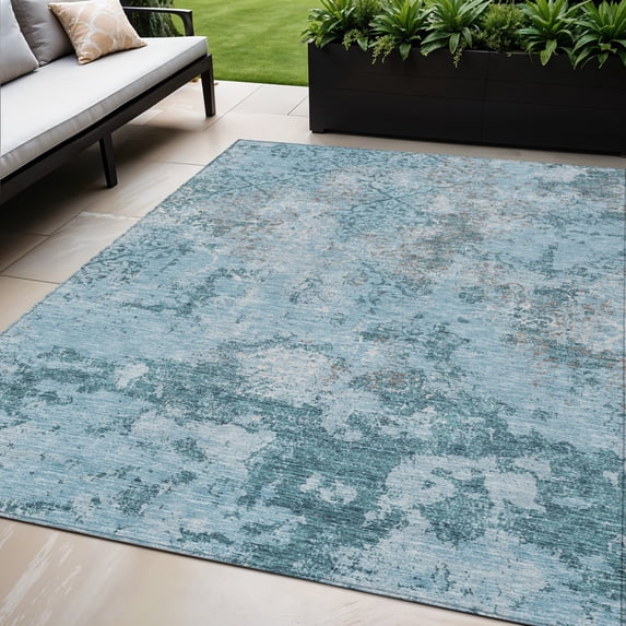 HomeRoots 586187 5 x 8 ft. Floral Washable Indoor & Outdoor Rectangle Area Rug, Teal Blue, Aqua & Gray