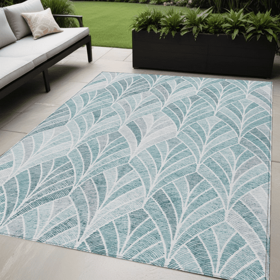 5' X 8' Aqua Mint Green And Silver Geometric Washable Indoor Outdoor Area Rug