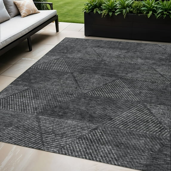 5' X 8' Charcoal Gray And Silver Geometric Washable Indoor Outdoor Area Rug