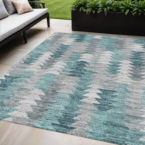 5' X 8' Dark Blue Aqua And Gray Geometric Washable Indoor Outdoor Area Rug