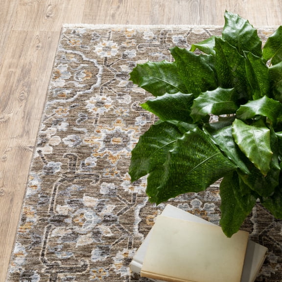 HomeRoots 5 x 8 ft. Gray & Tan Floral Power Loom Stain Resistant Rectangle Area Rug with Fringe