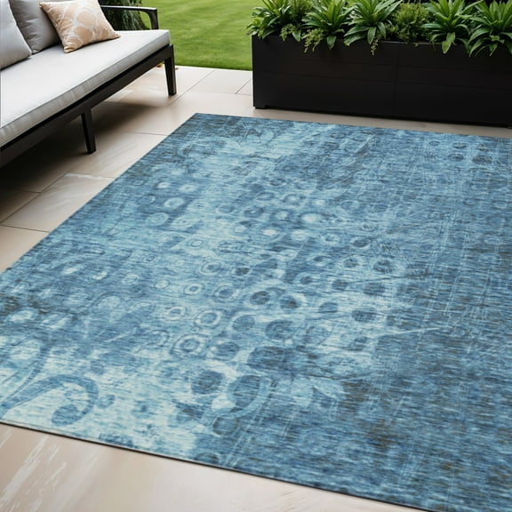 HomeRoots 576972 5 x 8 ft. Ikat Washable Indoor & Outdoor Rectangle Area Rug, Blue