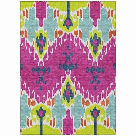 HomeRoots 584723 5 x 8 ft. Ikat Washable Indoor & Outdoor Rectangle Area Rug, Pink, Lime Green & Orange
