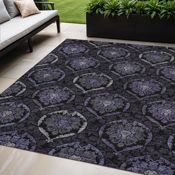 5' X 8' Purple Charcoal And Gray Medallion Washable Indoor Outdoor Area Rug