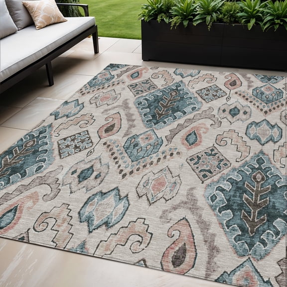 HomeRoots 586427 5 x 8 ft. Moroccan Washable Indoor & Outdoor Rectangle Area Rug, Beige, Teal Blue & Copper