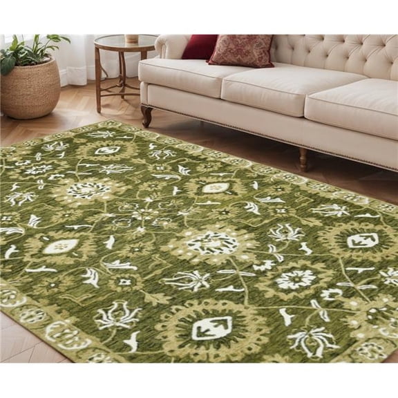 HomeRoots 570412 5 x 8 ft. Olive Green Ivory & Light Brown Wool Floral Medallion Hand Hooked Rectangle Area Rug