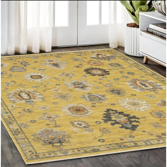 5' X 8' Yellow Gray And Black Oriental Area Rug With Fringe