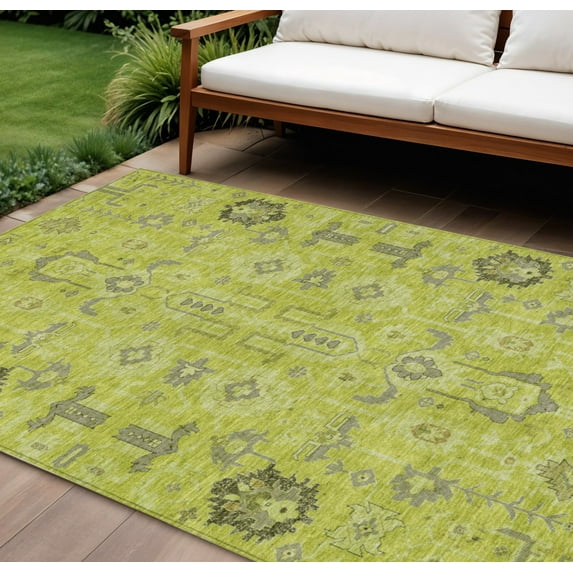 5' X 8' Artichoke Green And Fern Green Oriental Washable Indoor Outdoor Area Rug