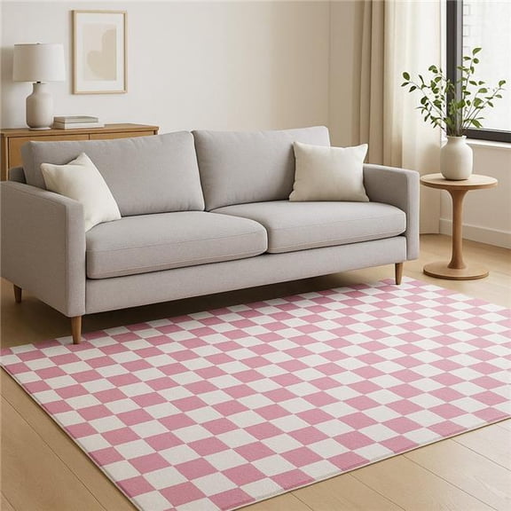 HomeRoots 634770 5 x 8 ft. Pink & Off White Checkered Rectangle Area Rug