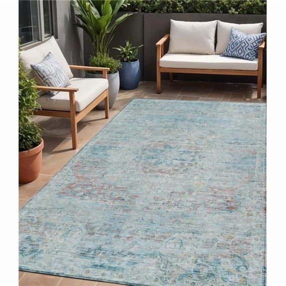 HomeRoots 615741 5 x 8 ft. Sky Blue & Blush Medallion Washable Indoor & Outdoor Rectangle Area Rug