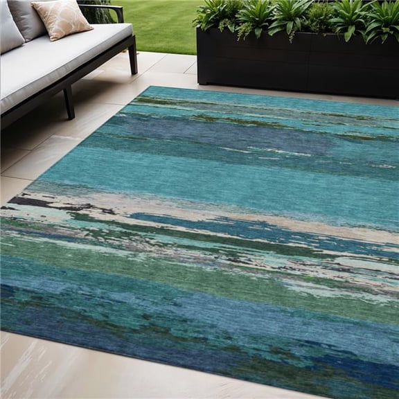 HomeRoots 608754 5 x 8 ft. Teal Blue Abstract Washable Indoor & Outdoor Rectangle Area Rug