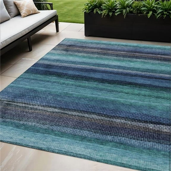 HomeRoots 631222 5 x 8 ft. Teal Blue Aqua & Navy Blue Striped Washable Indoor & Outdoor Rectangle Area Rug