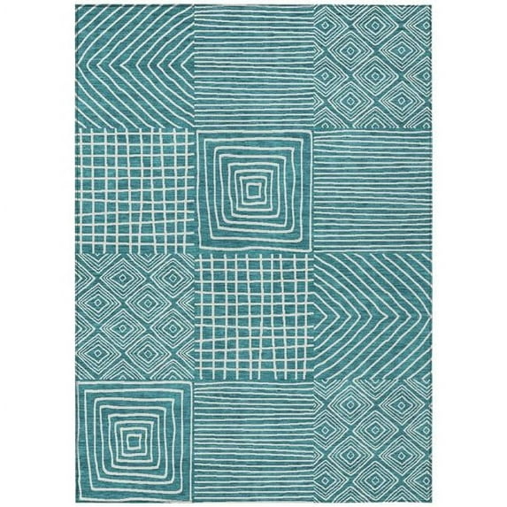 HomeRoots 600781 5 x 8 ft. Teal Blue & Ivory Geometric Washable Indoor & Outdoor Rectangle Area Rug