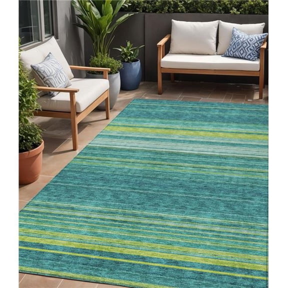 HomeRoots 614840 5 x 8 ft. Teal Blue Lime Green & Turquoise Striped Washable Indoor & Outdoor Rectangle Area Rug
