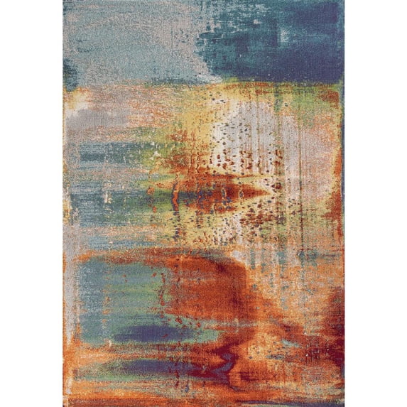 5'X8' Blue Rust Orange Machine Woven Abstract Brushstrokes Indoor Area Rug