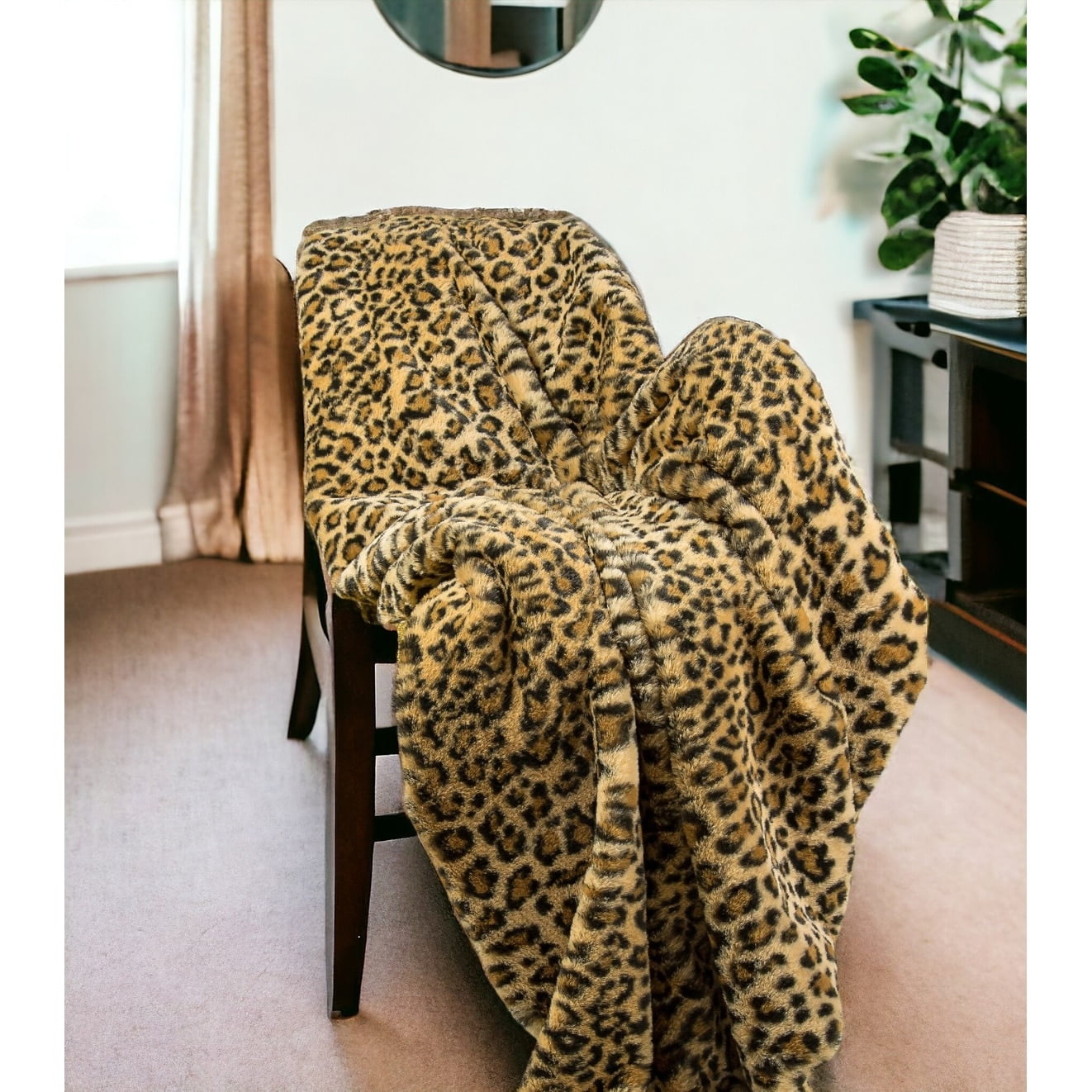70" Brown and Black Faux Fur Leopard Print Throw Blanket