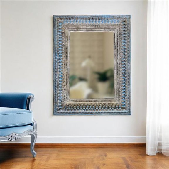 HomeRoots 489203 50 in. Blue & Silver Solid Wood Framed Accent Mirror