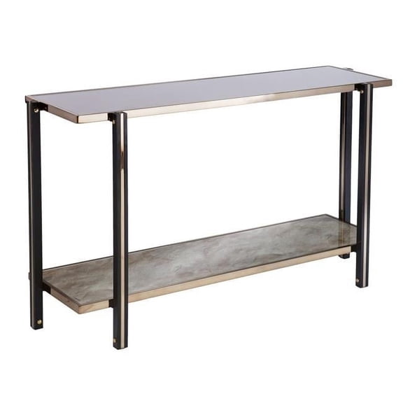HomeRoots 50 in. Smoky Black & Champagne Glass Mirrored Floor Shelf Console Table with Storage