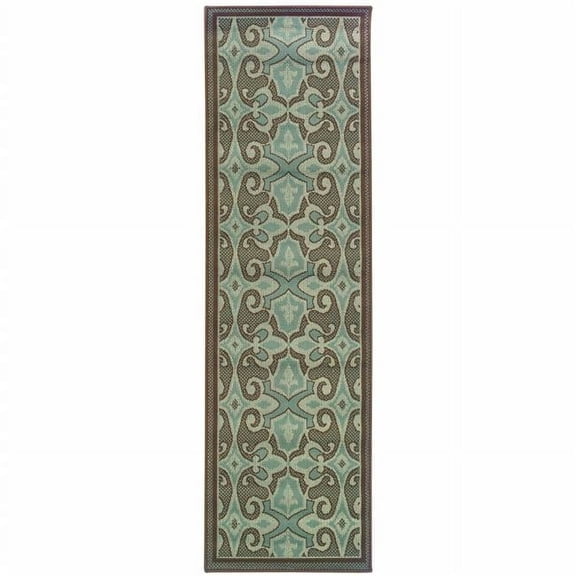 HomeRoots 507225 2 x 8 ft. Blue Oriental Stain Resistant Indoor & Outdoor Rectangle Area Rug