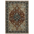 thumbnail image 1 of HomeRoots 508054 3 x 5 ft. Blue Beige Tan Brown Gold & Rust Red Oriental Power Loom Stain Resistant Rectangle Area Rug with Fringe, 1 of 8