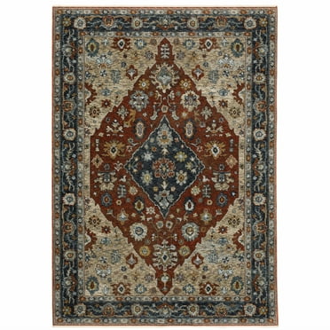 HomeRoots 508054 3 x 5 ft. Blue Beige Tan Brown Gold & Rust Red Oriental Power Loom Stain Resistant Rectangle Area Rug with Fringe