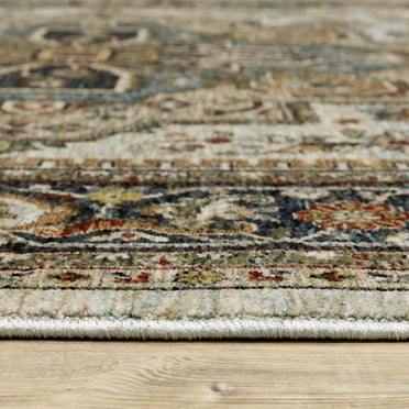 HomeRoots 508074 2 x 3 ft. Ivory Beige Blue Orange Gold Green Gray & Rust Oriental Power Loom Stain Resistant Rectangle Area Rug with Fringe