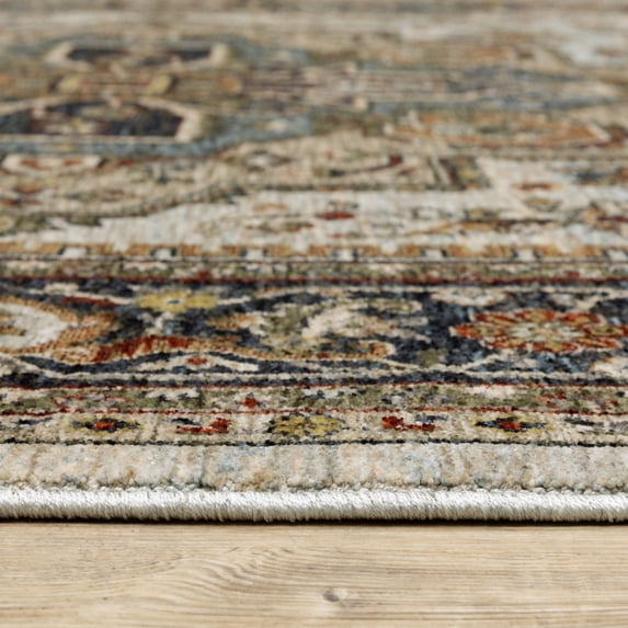 HomeRoots 508074 2 x 3 ft. Ivory Beige Blue Orange Gold Green Gray & Rust Oriental Power Loom Stain Resistant Rectangle Area Rug with Fringe