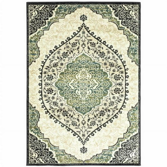 HomeRoots 508809 6 x 9 ft. Ivory Navy & Green Oriental Power Loom Stain Resistant Rectangle Area Rug