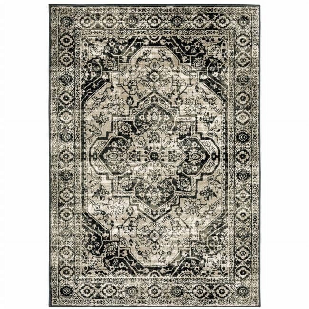 Ivory and Black 4' x 6' Oriental Stain-Resistant Area Rug