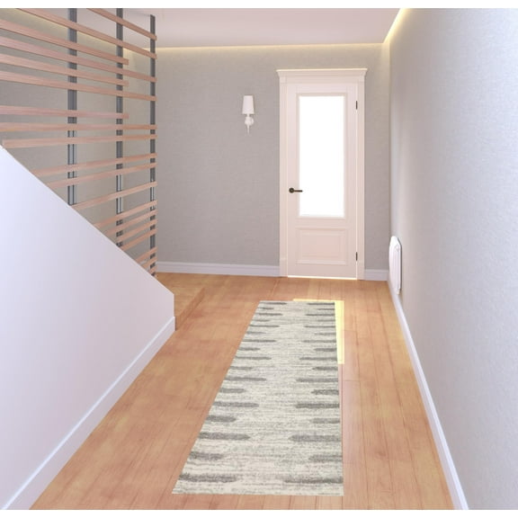 HomeRoots 509888 2 x 8 ft. Ivory & Gray Geometric Shag Power Loom Stain Resistant Runner Area Rug