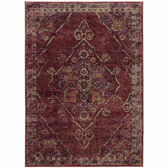 HomeRoots 510046 8 x 10 ft. Red & Gold Oriental Power Loom Stain Resistant Rectangle Area Rug