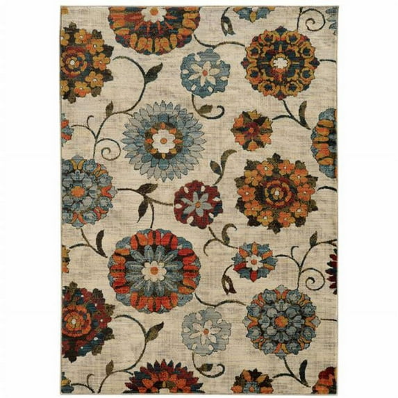 HomeRoots 510682 4 x 6 ft. Ivory Blue Gold Green Orange Rust & Teal Floral Power Loom Stain Resistant Rectangle Area Rug