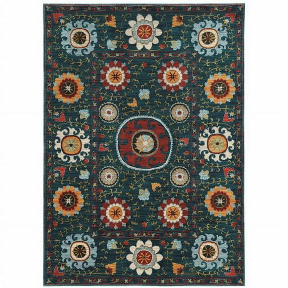 HomeRoots 510704 5 x 8 ft. Teal Blue Rust Gold & Ivory Floral Power Loom Stain Resistant Rectangle Area Rug