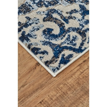 HomeRoots 511210 2 x 4 ft. Blue Ivory & Black Floral Distressed Stain Resistant Rectangle Area Rug