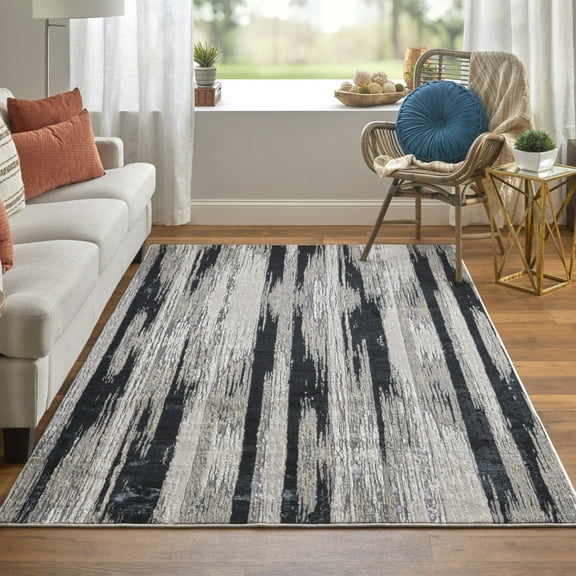 HomeRoots 511556 8 x 10 ft. Abstract Power Loom Rectangle Area Rug, Beige & Black
