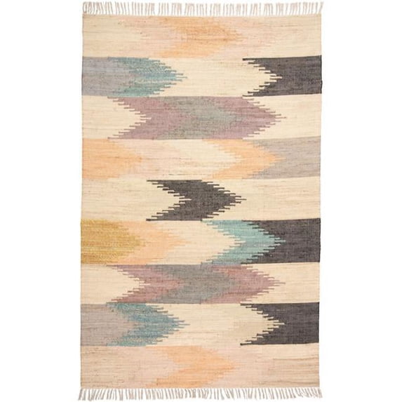 HomeRoots 511997 10 x 14 ft. Tan Blue & Orange Geometric Dhurrie Flatweave Handmade Rectangle Area Rug with Fringe