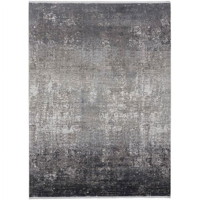 HomeRoots 512140 10 x 13 ft. Gray Black & Silver Abstract Power Loom Distressed Rectangle Area Rug with Fringe