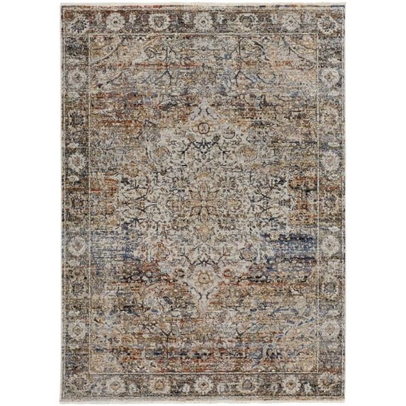 HomeRoots 513972 12 x 15 ft. Tan Orange & Blue Floral Power Loom Distressed Rectangle Area Rug with Fringe