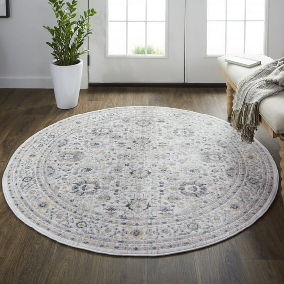 HomeRoots 514086 6 ft. Tan Ivory & Blue Floral Stain Resistant Round Area Rug