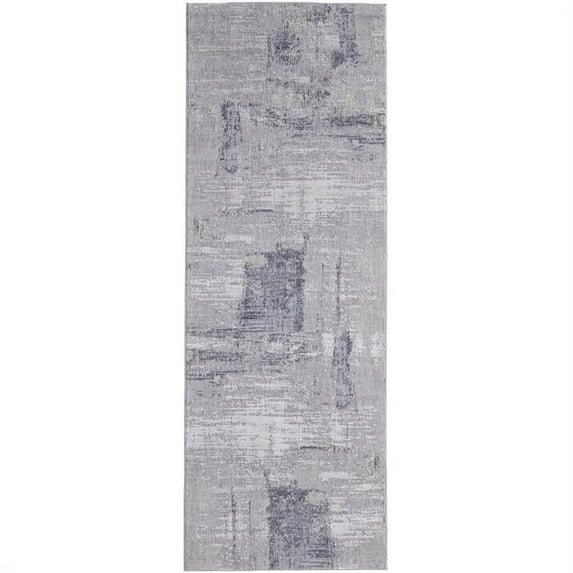 HomeRoots 514238 8 ft. Taupe Tan & Blue Abstract Power Loom Distressed Stain Resistant Runner Area Rug