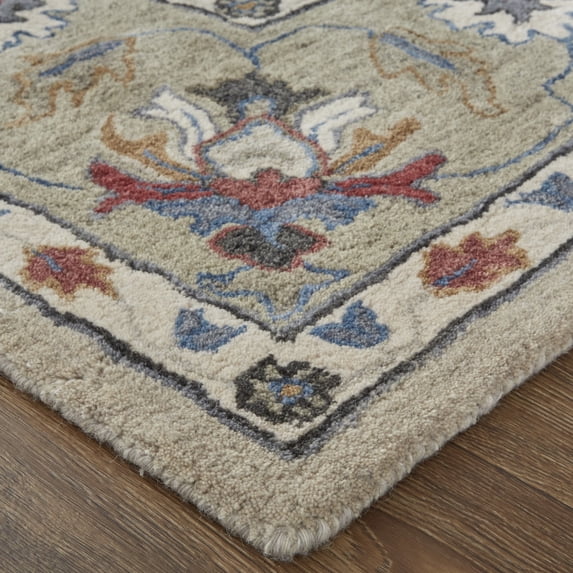 HomeRoots 514822 4 x 6 ft. Ivory Taupe & Blue Wool Floral Hand Tufted Handmade Stain Resistant Rectangle Area Rug